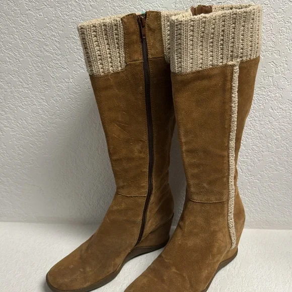 Leather Suede Tan Knee-High wedge Boots 8 - Picture 5 of 13